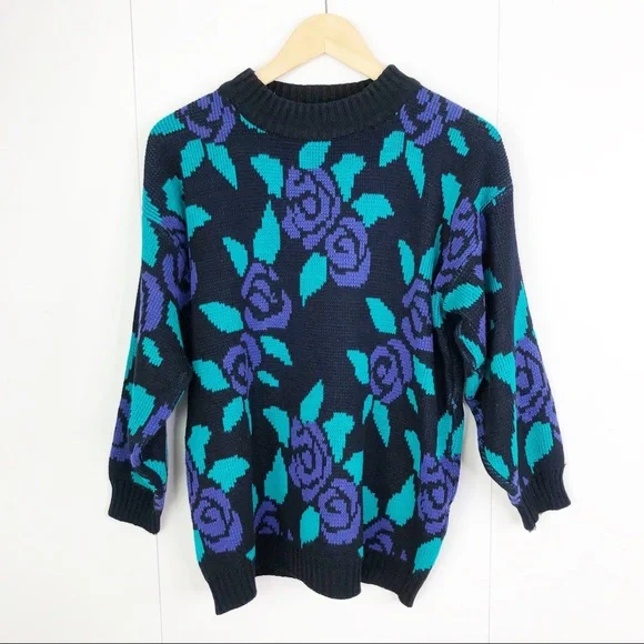 Erika Vintage Purple Rose Crew Neck Sweater Medium 90s Y2K - Picture 3 of 9